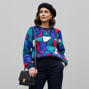 Vintage Icelandic Design Mohair Wool Sweater Colour Blocks Grandpacore Geometric